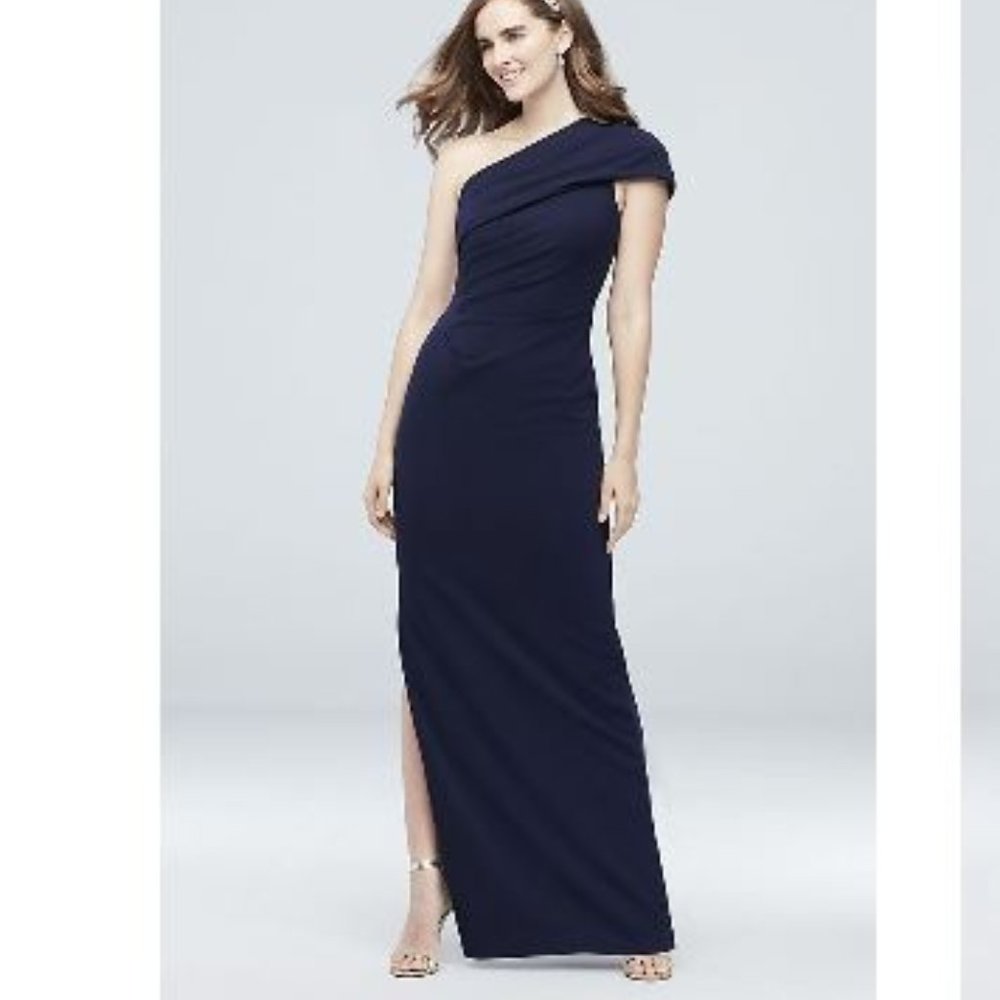 David's Bridal ruched one-shoulder stretch crepe dress